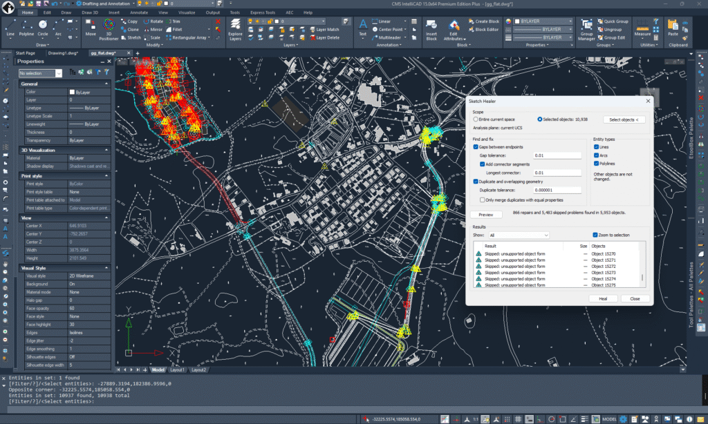 Drafting software screen with a detailed urban map and a'Sketch Healer' tool dialog open.